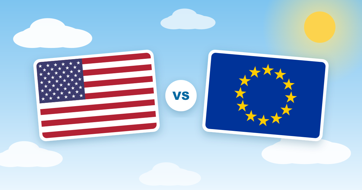 The US flag and the European Union flag side by side in a sunny sky, representing the two air quality index scales